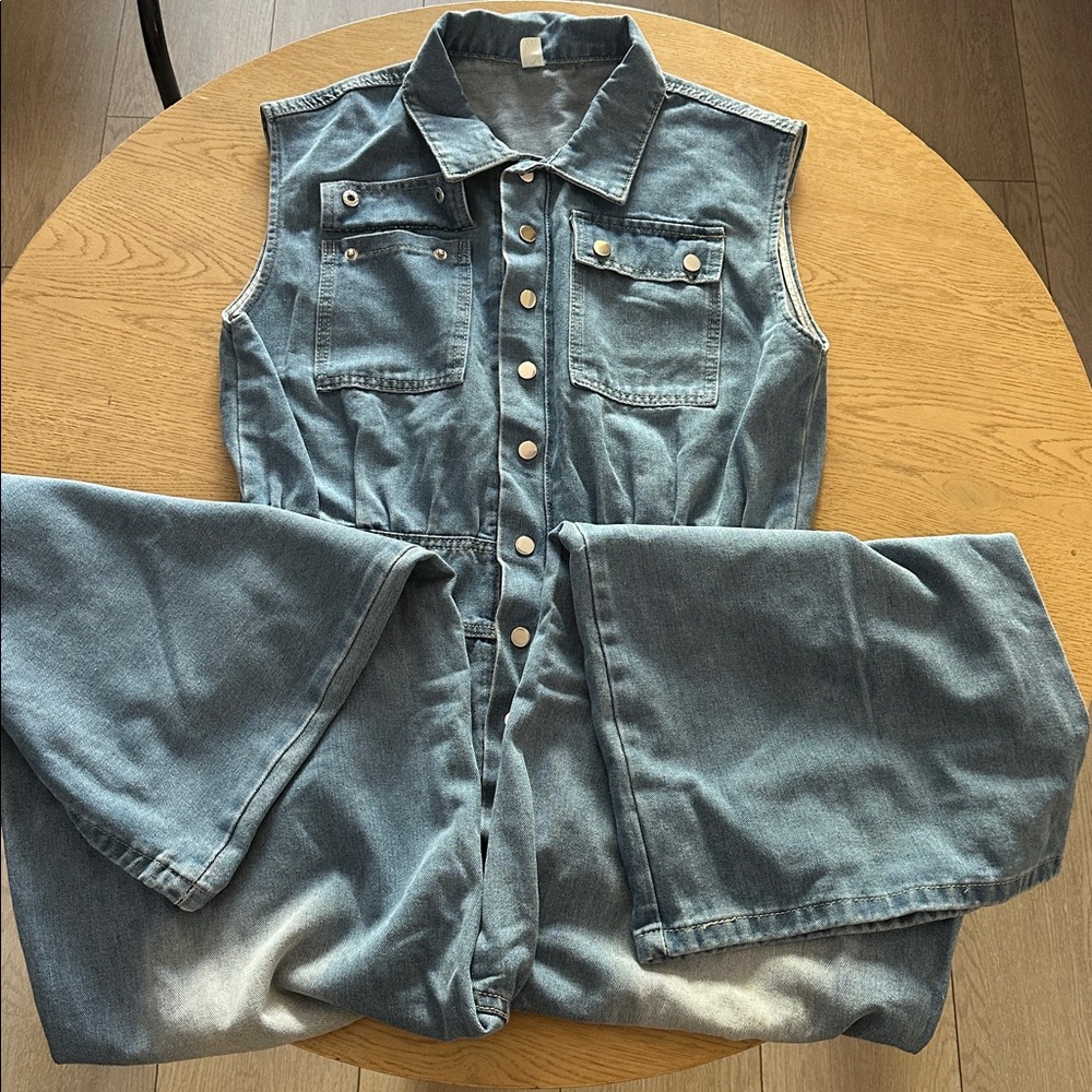 Sleeveless Denim Jumpsuit in Light Blue